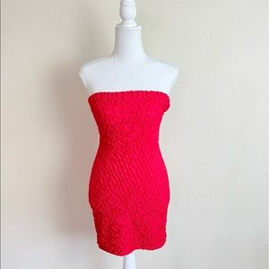 Y2K Forever 21 Pink Red Ruched Crinkle Strapless Tube Mini Bodycon Dress
